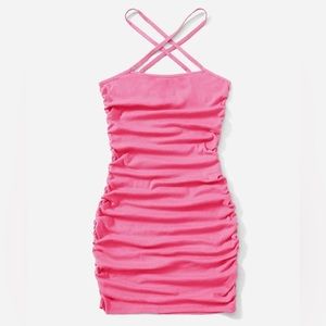SHEIN Ruched Detail Cross Halter Dress- Pink